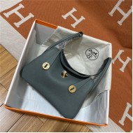 Hermes Lindy 26/30cm Bag Clemence Leather In Grey-Green Gold-Metal WAX High