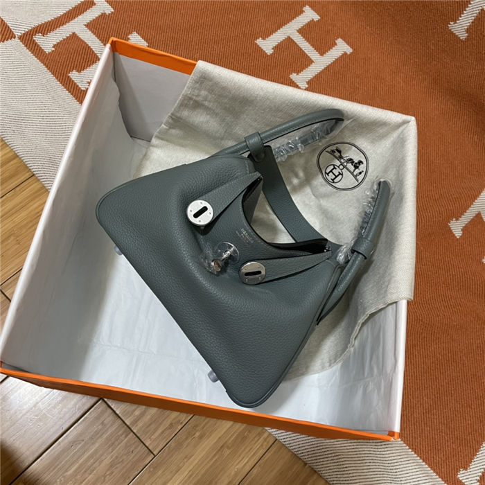 Hermes Lindy 26/30cm Bag Clemence Leather In Grey-Green Silver-Metal WAX High