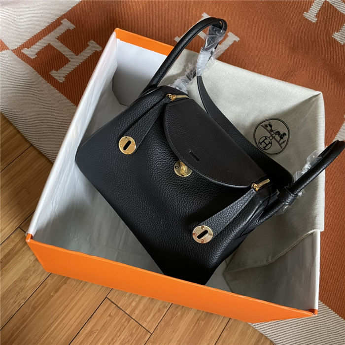 Hermes Lindy 26/30cm Bag Clemence Leather In Black Gold-Metal WAX High