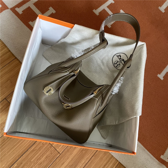 Hermes Lindy 26/30cm Bag Clemence Leather In Etoupe Gold-Metal WAX High