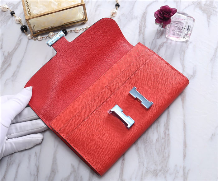 Hermes Constance Long Wallet Epsom Calfskin In Orange-Red High