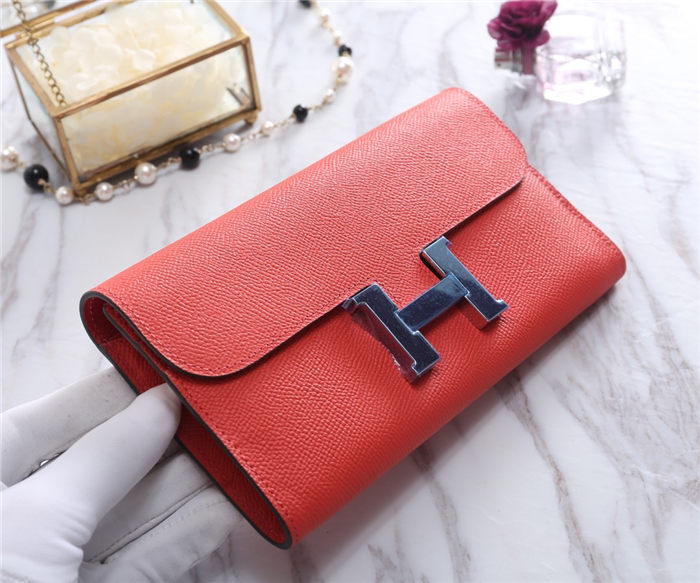 Hermes Constance Long Wallet Epsom Calfskin In Orange-Red High