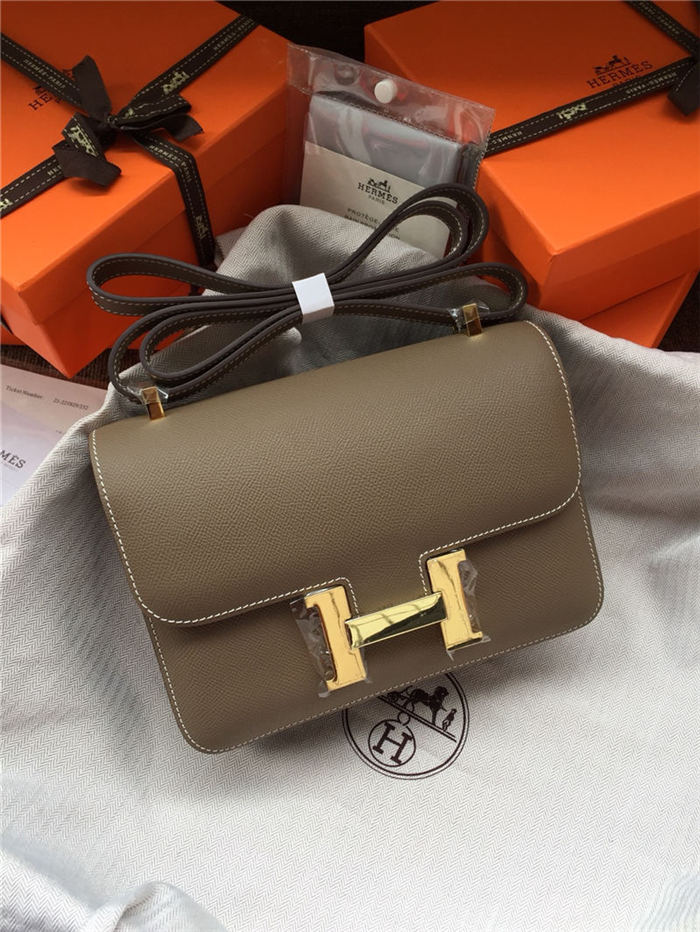 Hermes Mini Constance 18cm/24cm Epsom Bag Silver/Gold Metal Etoupe High