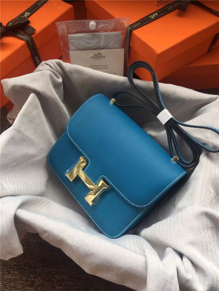 Hermes Mini Constance 18cm/24cm Epsom Bag Silver/Gold Metal Denim Blue High