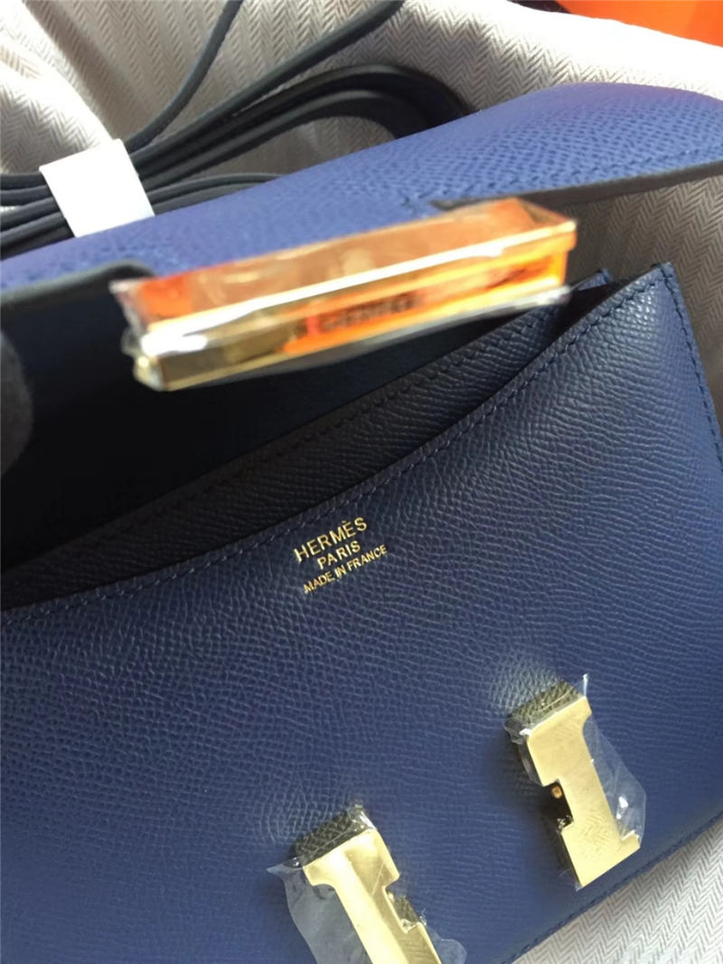 Hermes Mini Constance 18cm/24cm Epsom Bag Silver/Gold Metal Navy High