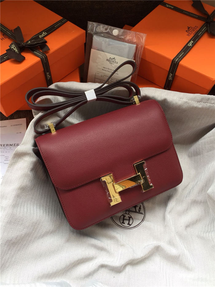 Hermes Mini Constance 18cm/24cm Epsom Bag Silver/Gold Metal Burgundy High