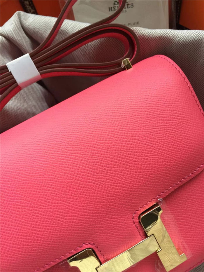 Hermes Mini Constance 18cm/24cm Epsom Bag Silver/Gold Metal Rose Red High