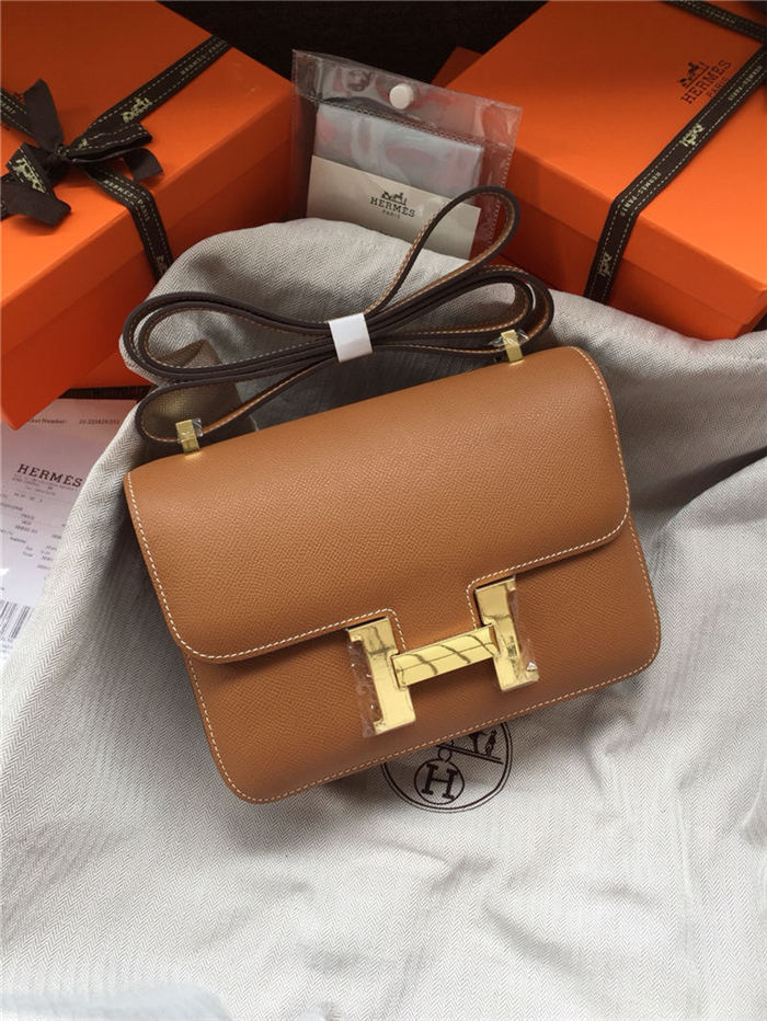 Hermes Mini Constance 18cm/24cm Epsom Bag Silver/Gold Metal Tan High