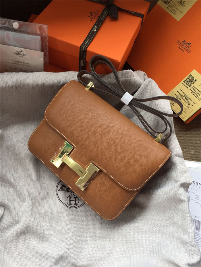 Hermes Mini Constance 18cm/24cm Epsom Bag Silver/Gold Metal Tan High