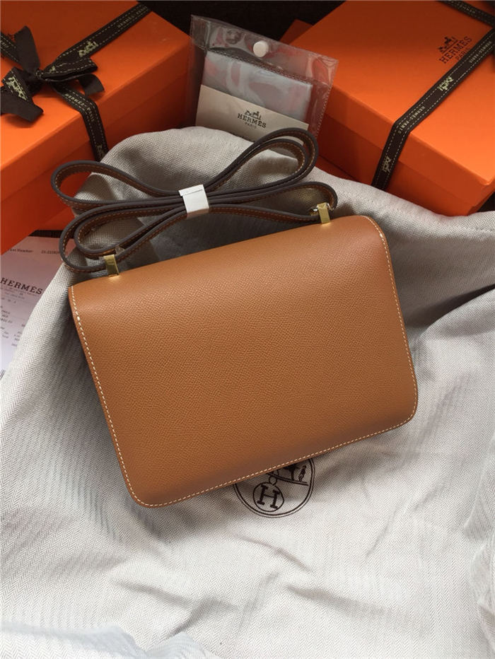 Hermes Mini Constance 18cm/24cm Epsom Bag Silver/Gold Metal Tan High