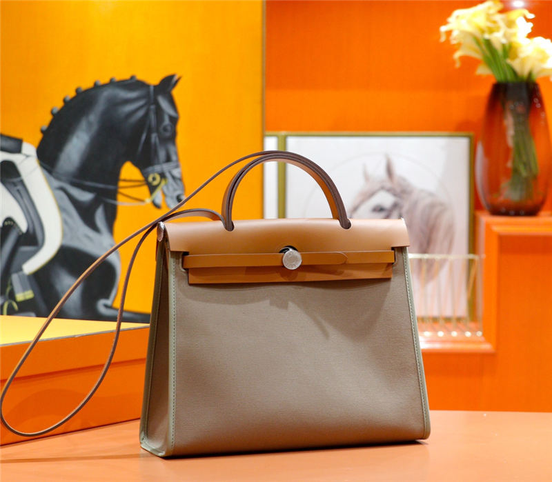 Hermes Herbag 31 bag Canvas and Leather Etoupe High