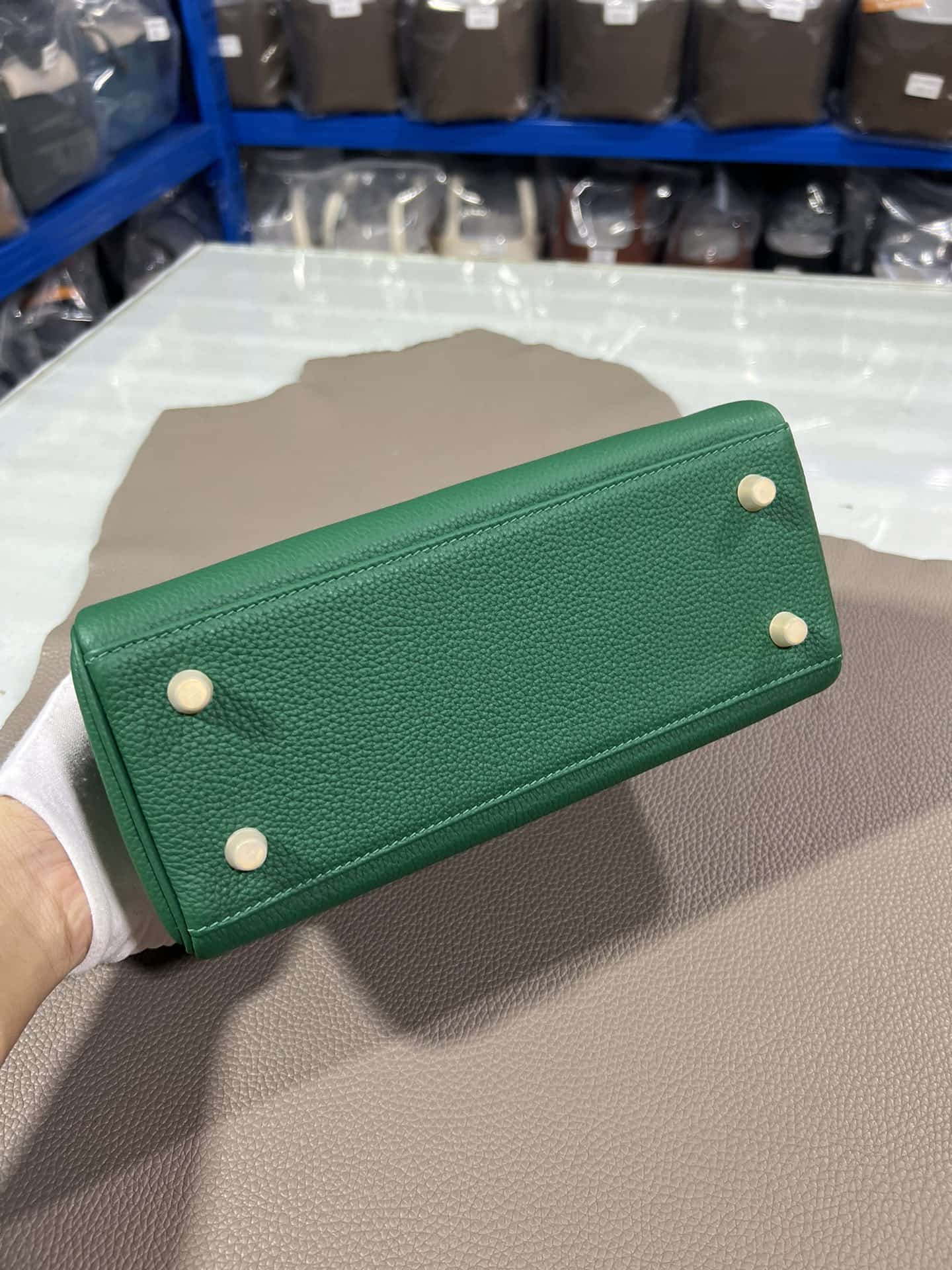 Hermes Kelly 25/28cm Retourne Bag Togo Leather In Malachite WAX High