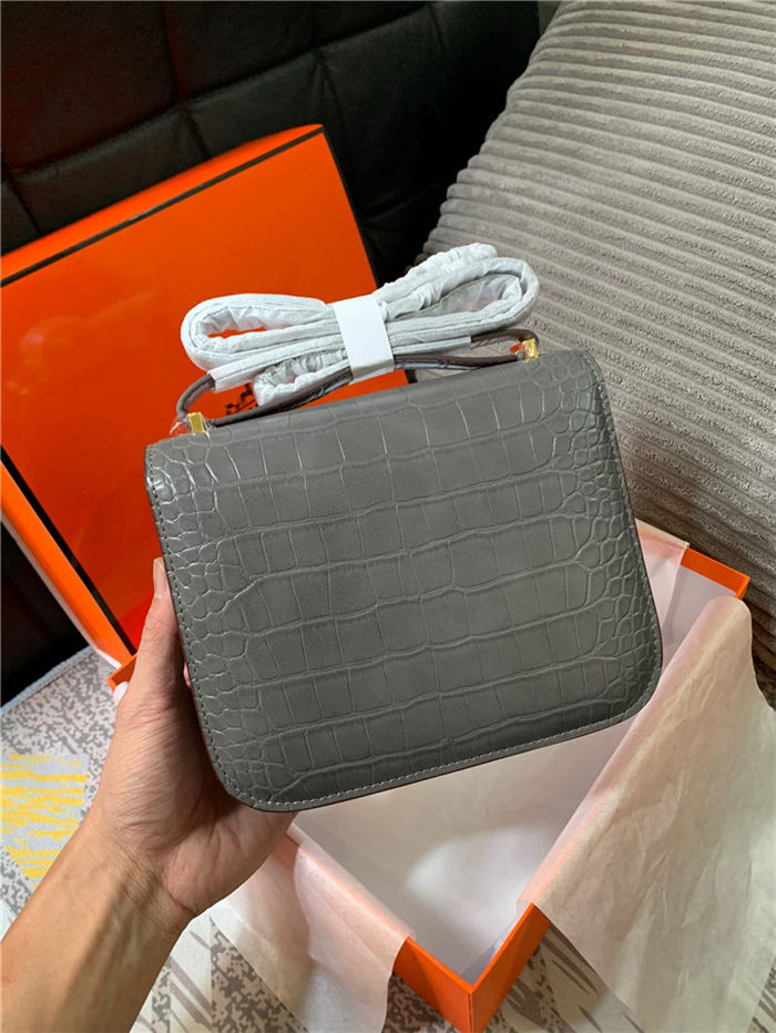 Hermes Mini Constance Crocodile Leather Bag Silver/Gold Metal High