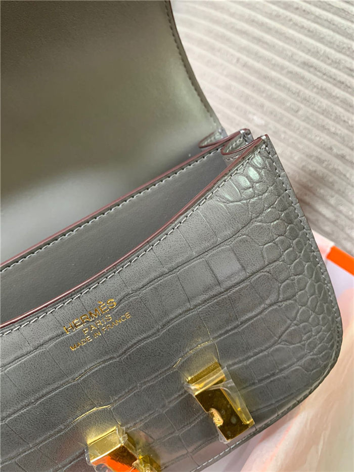 Hermes Mini Constance Crocodile Leather Bag Silver/Gold Metal High