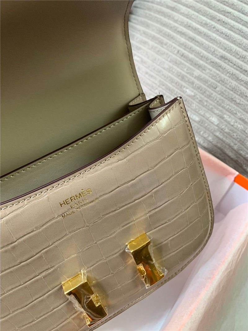 Hermes Mini Constance Crocodile Leather Bag Silver/Gold Metal High