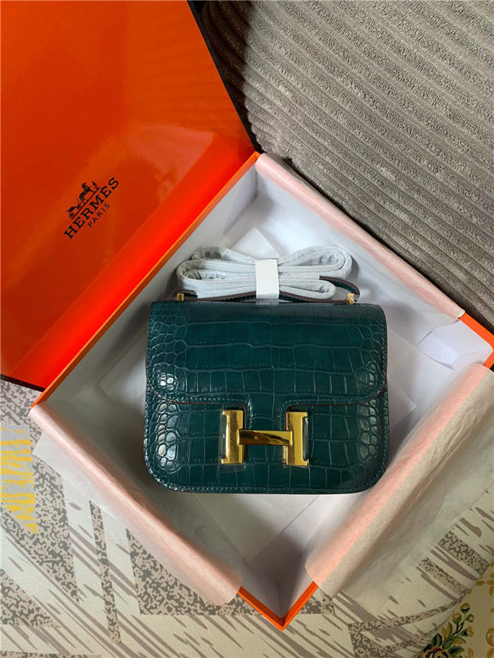 Hermes Mini Constance Crocodile Leather Bag Silver/Gold Metal High