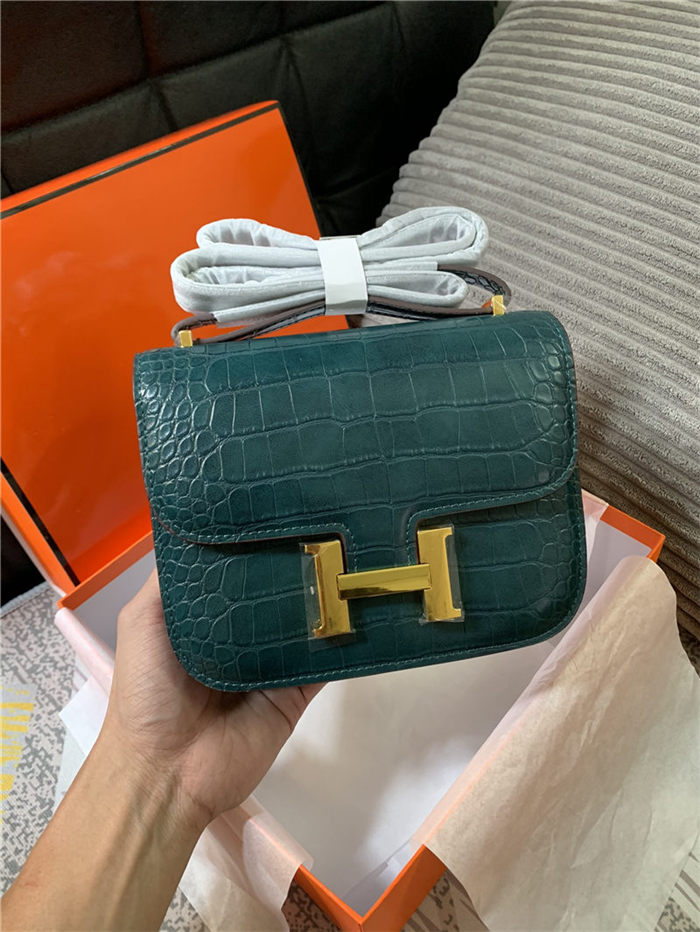 Hermes Mini Constance Crocodile Leather Bag Silver/Gold Metal High