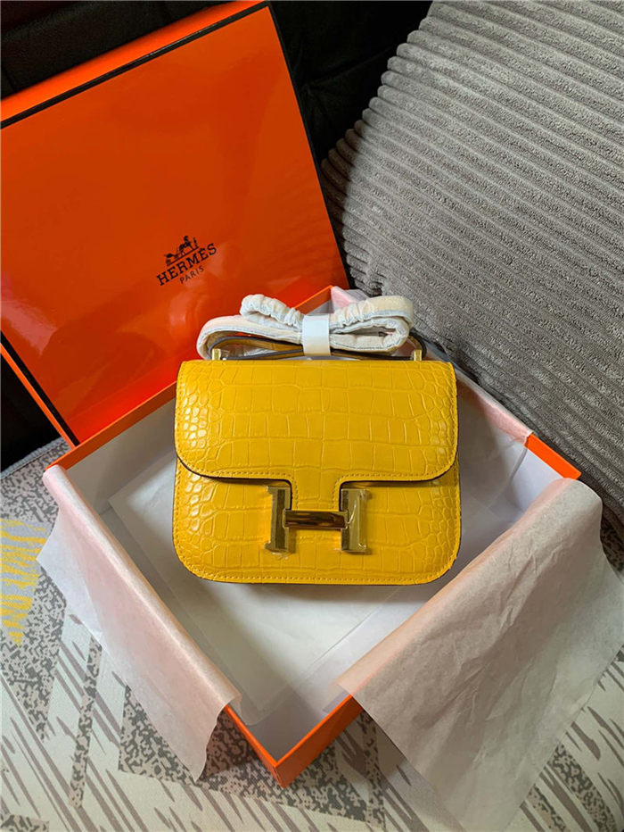 Hermes Mini Constance Crocodile Leather Bag Silver/Gold Metal High