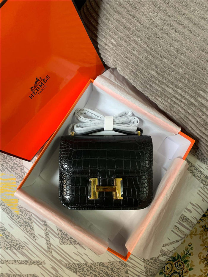 Hermes Mini Constance Crocodile Leather Bag Silver/Gold Metal High