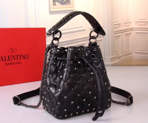 Valentino Small Spike Bucket Bag Black High