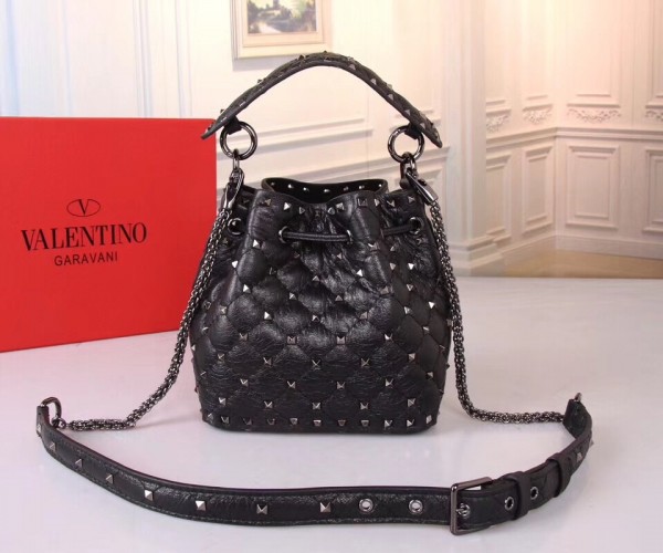 Valentino Small Spike Bucket Bag Black High