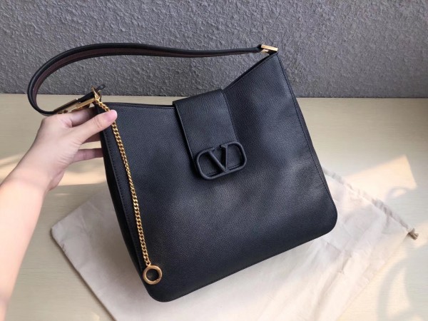 Valentino Vsling Hobo Bag In Black Grainy Calfskin High