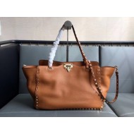 Valentino Medium Tote Bag In Brown Grainy Calfskin High