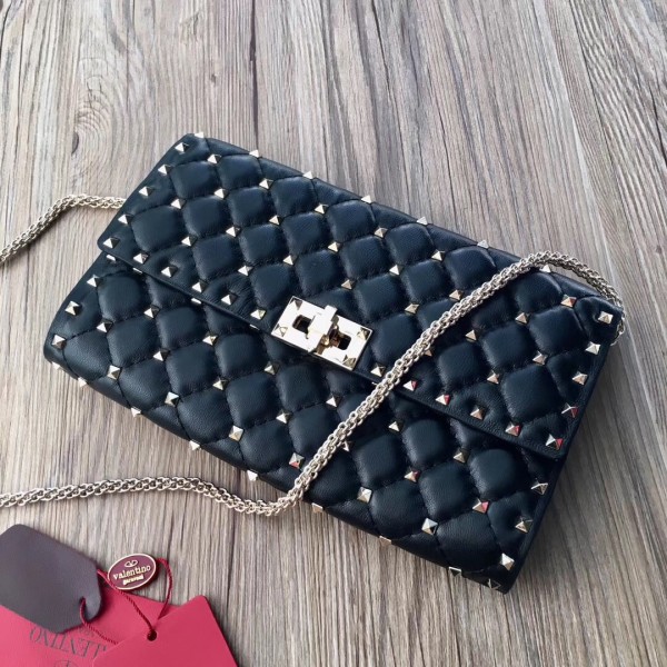 Valentino Spike Chain Clutch Lambskin  In Black High