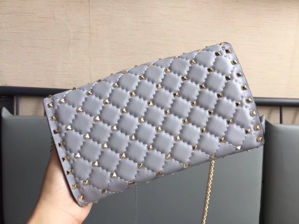 Valentino Spike Chain Clutch Lambskin  In Pastel Gray High