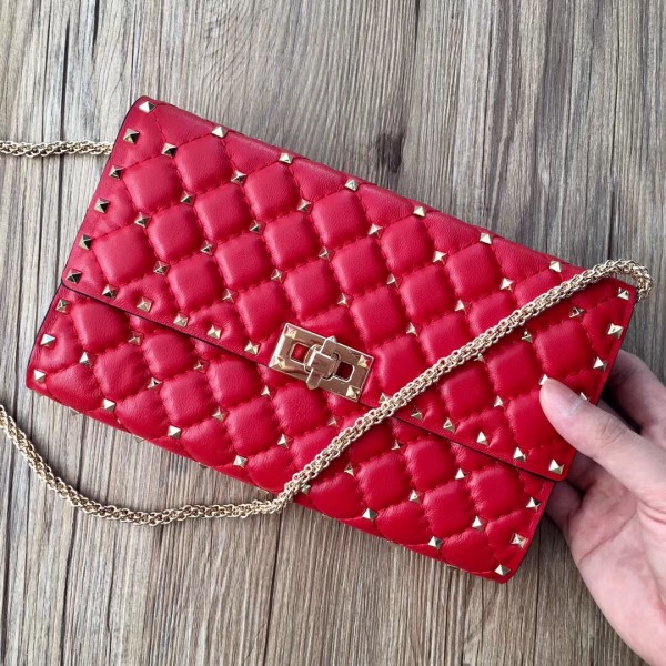 Valentino Spike Chain Clutch Lambskin  In Red High