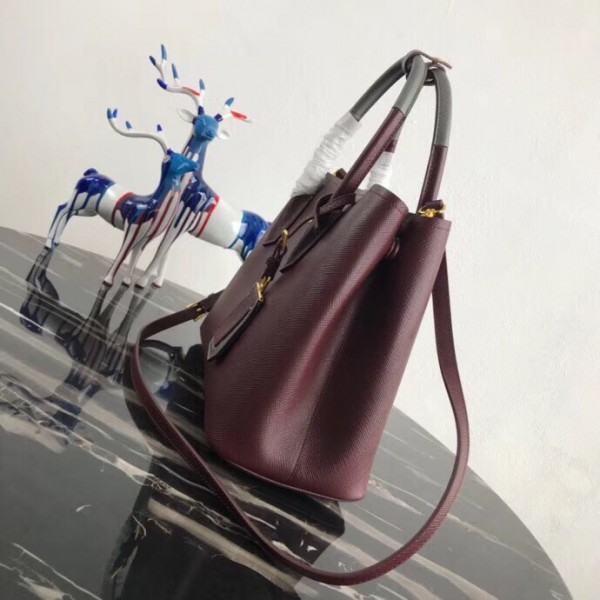 Prada Bicolor Saffiano Double Medium Bag Garnet High