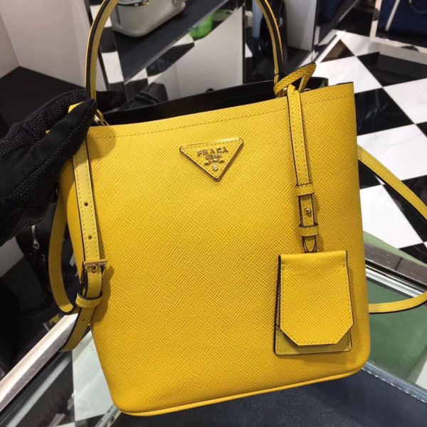 Prada Saffiano North South Double Medium Bag Yellow High