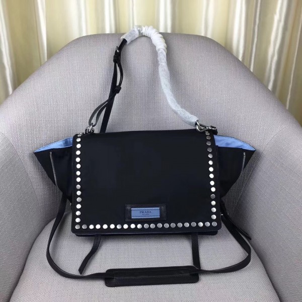 Prada Etiquette Bag In Nylon With Metal Stud Trim High