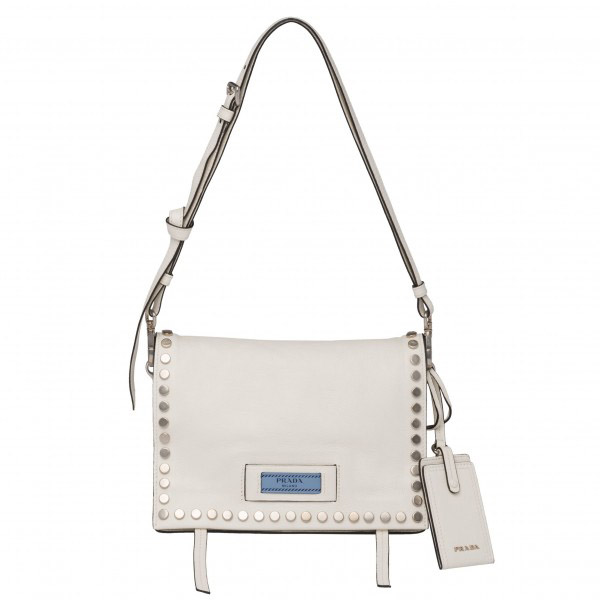 Prada Etiquette Bag In White Calfskin With Metal Stud Trim High