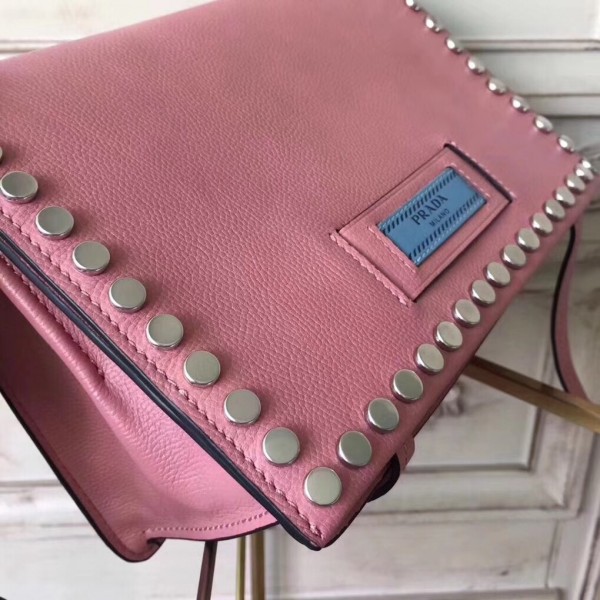 Prada Etiquette Bag In Pink Calfskin With Metal Stud Trim High