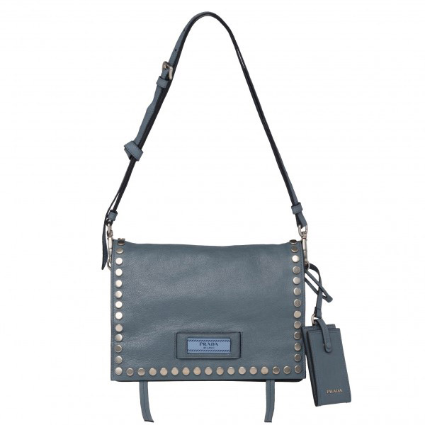 Prada Etiquette Bag In Blue Calfskin With Metal Stud Trim High