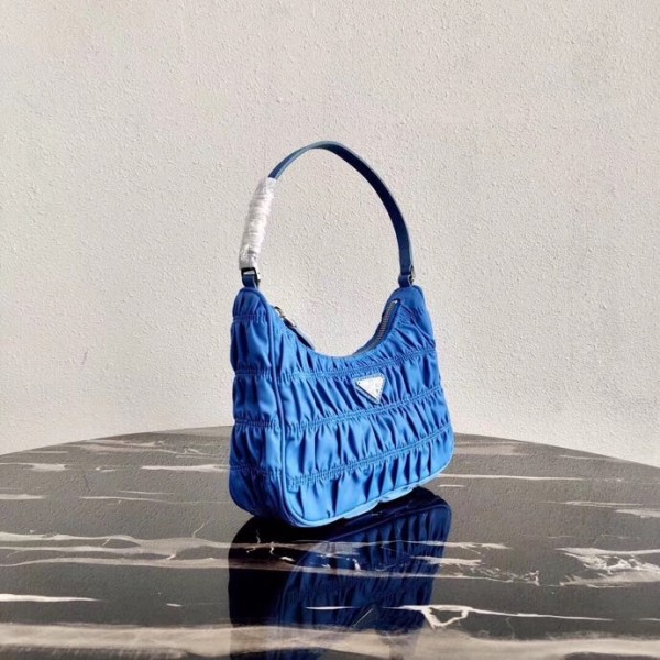 Prada Mini Hobo Bag In Blue Nylon and Leather High