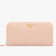 Prada Zipped Wallet In Light Pink Saffiano Leather High