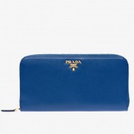 Prada Zipped Wallet In Blue Saffiano Leather High