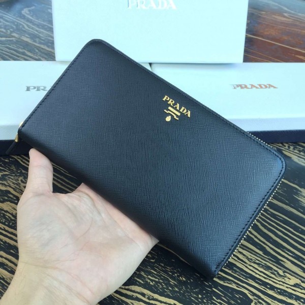 Prada Large Zipped Wallet In Black Saffiano Leather High