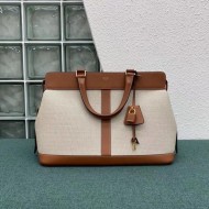 Celine Medium Cabas De France Bag In Textile And Tan Calfskin High