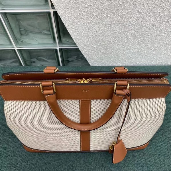 Celine Medium Cabas De France Bag In Textile And Tan Calfskin High