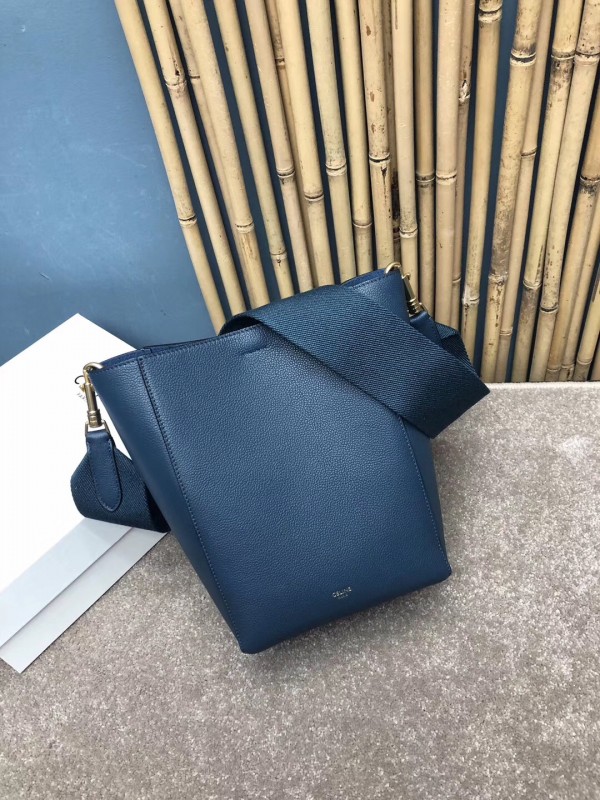 Celine Sangle Small Bucket Bag In Abyss Blue Grained Calfskin High