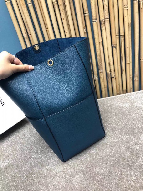 Celine Sangle Bucket Bag In Abyss Blue Grained Calfskin High