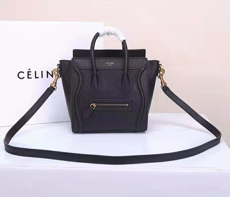 Celine Nano Luggage Bag In Black Drummed Calfskin Gold High