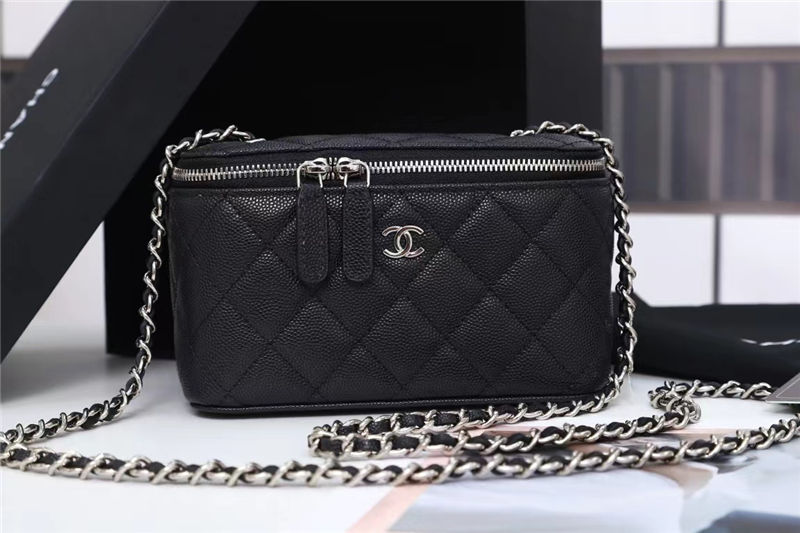 Chanel Vanity with Chain Grained Calfskin Silver Metal Black High