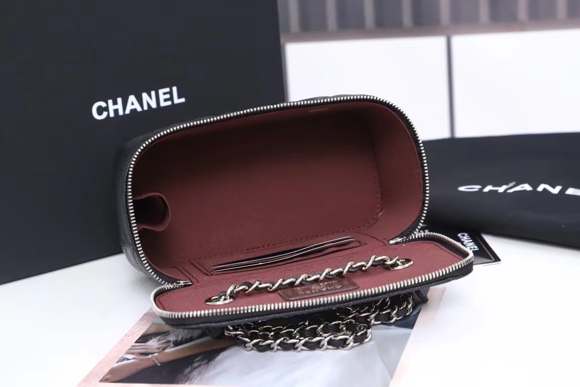 Chanel Vanity with Chain Grained Calfskin Silver Metal Black High