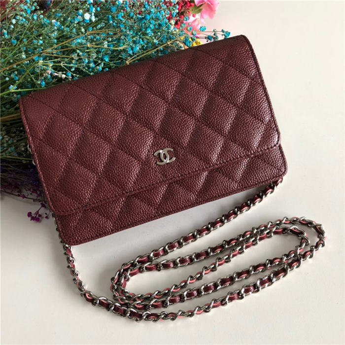 Classic Wallet on Chain A33814 Grained Calfskin Burgundy Silver Metal B