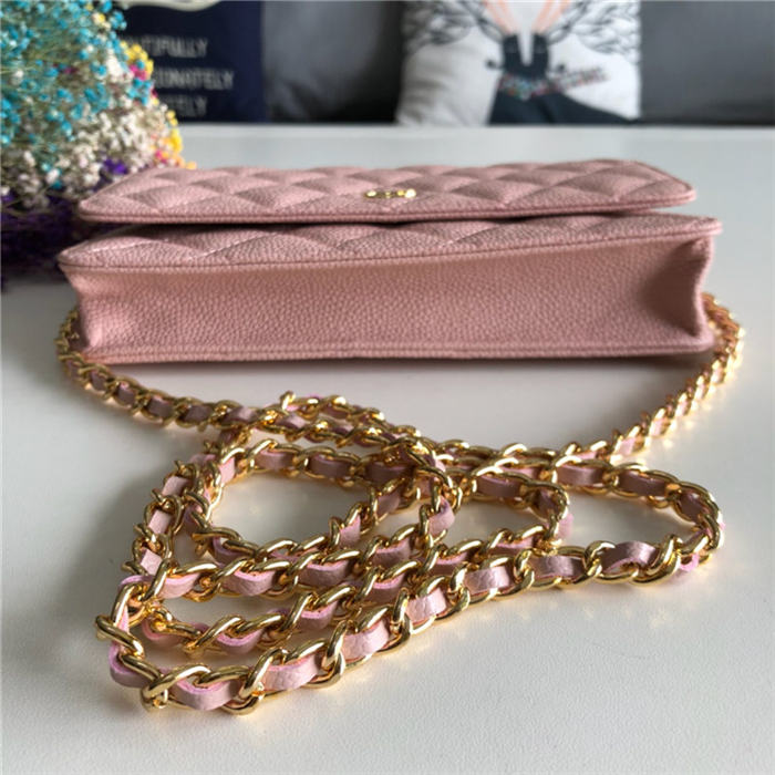 Classic Wallet on Chain A33814 Grained Calfskin Pink Gold Metal B