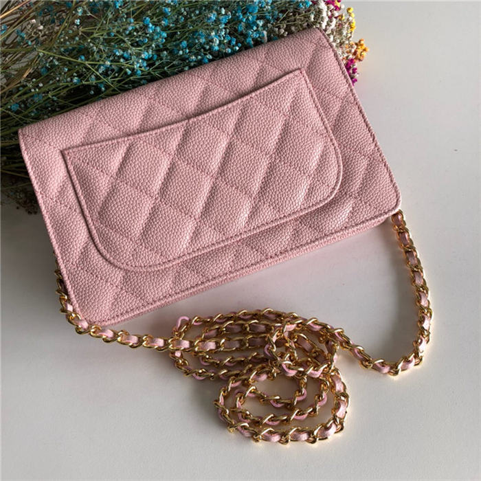 Classic Wallet on Chain A33814 Grained Calfskin Pink Gold Metal B